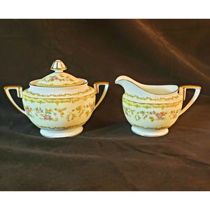 Vintage Noritake Columbine China Creamer and Sugar Bowl With Lid Gold Trim 1930s